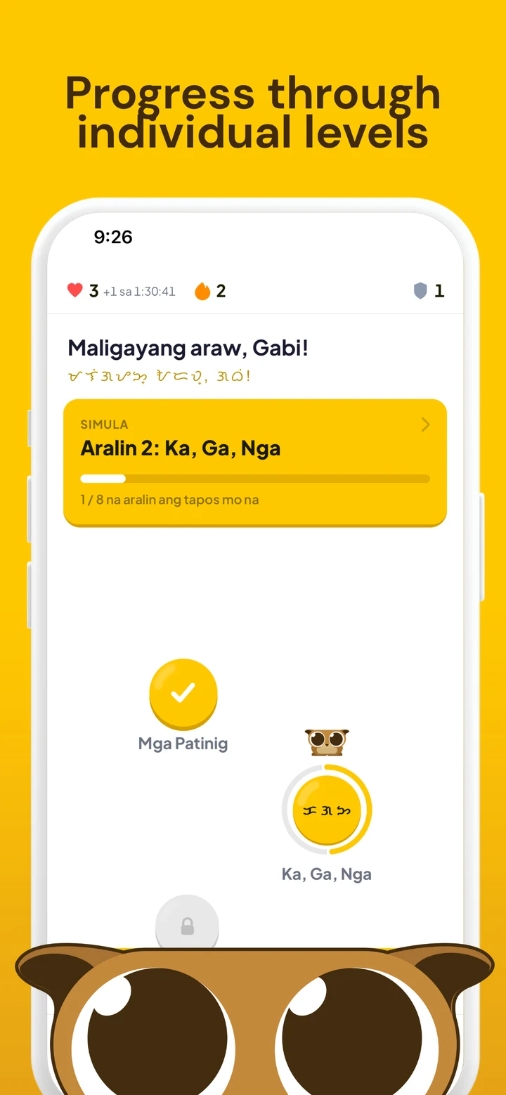 Progressing through individual Baybayin lessons on the Kada map