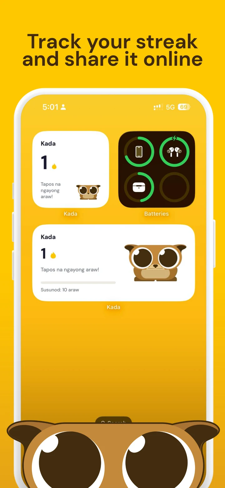 A Kada streak on the Home Screen widget, ready to share